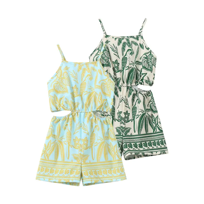 Girls' 2-Pack Vacation Jumpsuits - Parrot & Leaf Print, Spaghetti Straps, Cutout Design, Summer Outfits for 4-5y, 5-6y, 11-12y Cool Refreshing Dress Sets