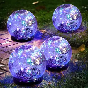 Solar Garden Lights Outdoor Waterproof, 4 Pack Cracked Glass Ball Light, Ground Landscape Garden Decor, Solar Globe Decorative for Pathway/Patio/Lawn/Yard (Multicolor, 4.7")