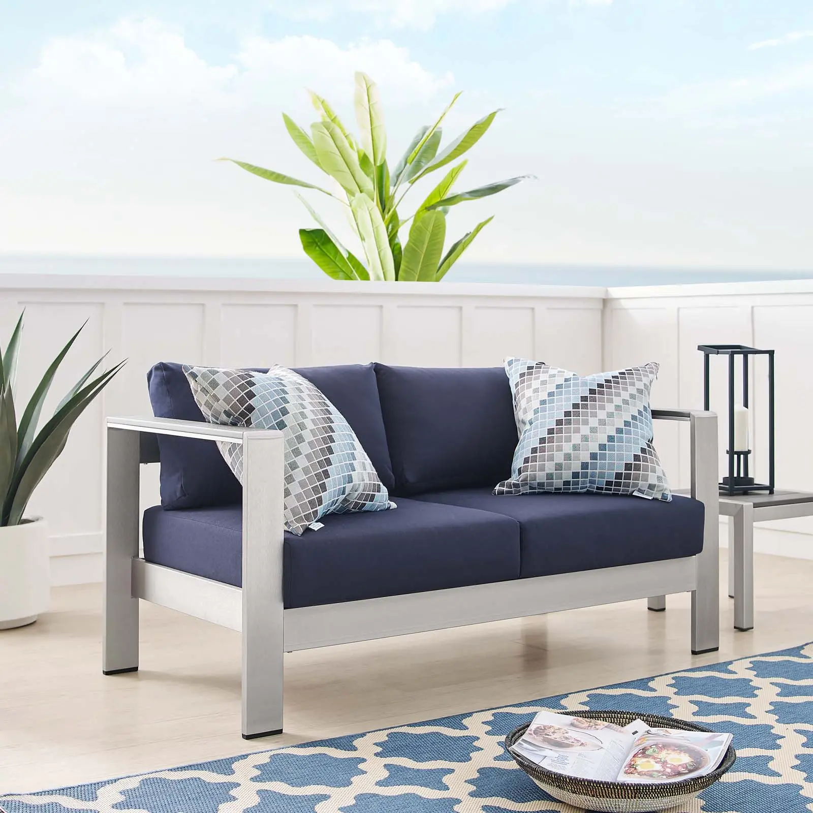 Modway Shore Modern Design Sunbrella® Fabric Aluminum Outdoor Patio Furniture Loveseat - Silver Navy, Lounge Sofa, Aesthetic, Home