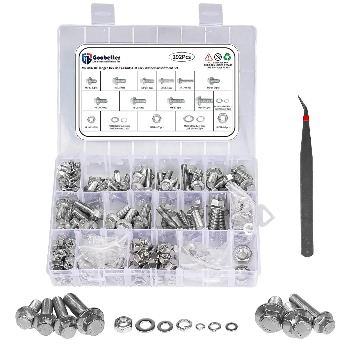 Heavy Duty Fastening Nut and Bolt Assortment Kit, 292PCS M6-M8-M10 Flange Bolts with Matching Nuts & Washers for Automotive Repair, DIY Projects