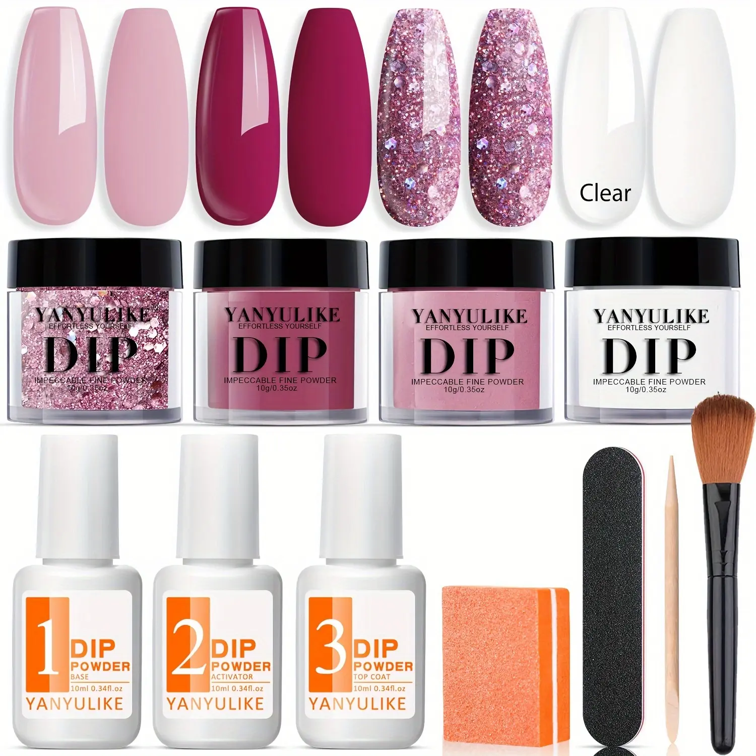 Beginner'S Dip Powder Nail Set, Featuring 4 Colors Including Pink, Red, And Clear Glitter, Complete with Dipping Liquid