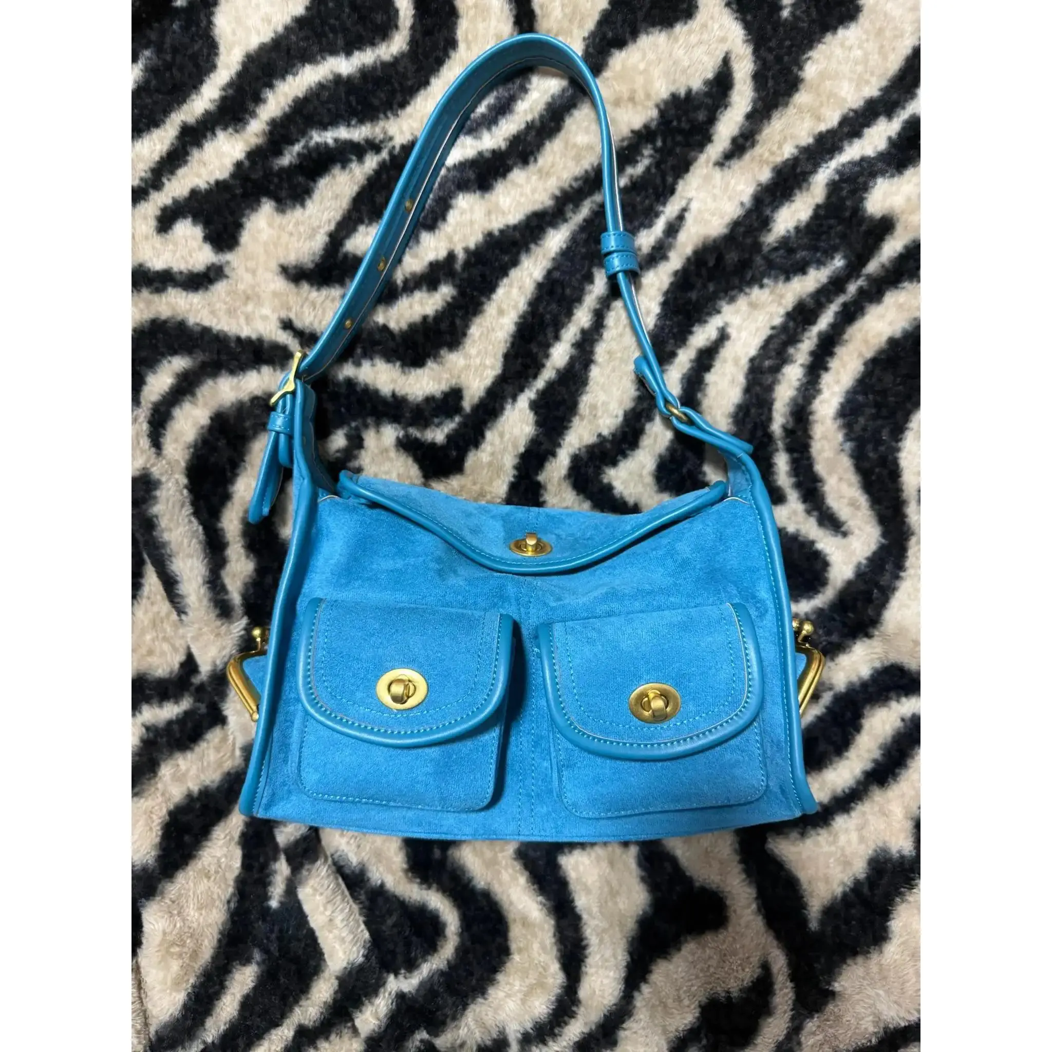 Women's Blue 2000s Buttery Suede Crossbody Shoulder Bag - Gold-Plated Lock, Adjustable Wide Strap, Multi-Pockets, Smooth Matching Leather Trim Large Retro Artistic Haversack, 2000S Bags, Turn-Lock, Purse, Casual