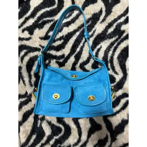 Blue Vintage Pillow Crossbody Bag - Gold-Plated Lock Wide Strap Multi-Pocket Large Retro Artistic Haversack