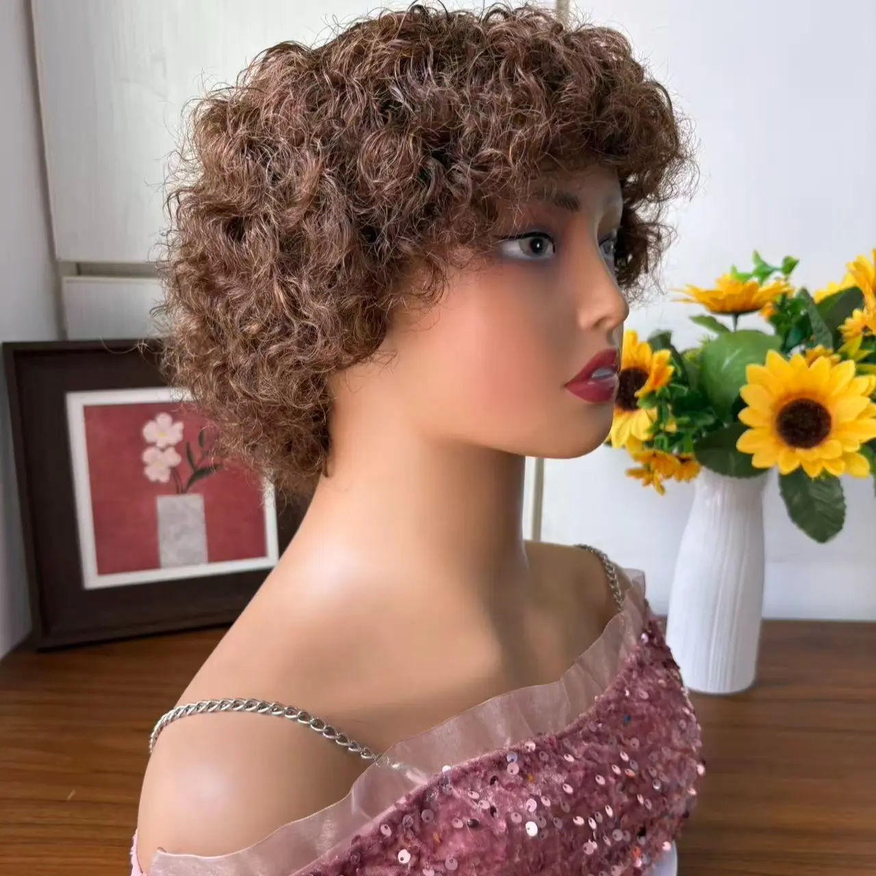 Short Curly Wig Glueless Wigs with Bangs Wear To Go Chocolate Brown Color Wig for Women High Density Brazilian Virgin Human Hair Glueless No Lace Machine Made Wig