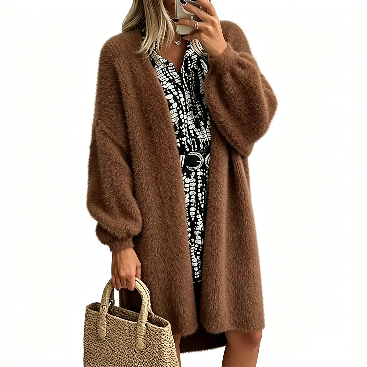 Women's Long Fuzzy Knit Cardigan, Oversized Lantern Sleeve Open Front Outerwear, Casual Warm Fall Winter Tops, Knitwear
