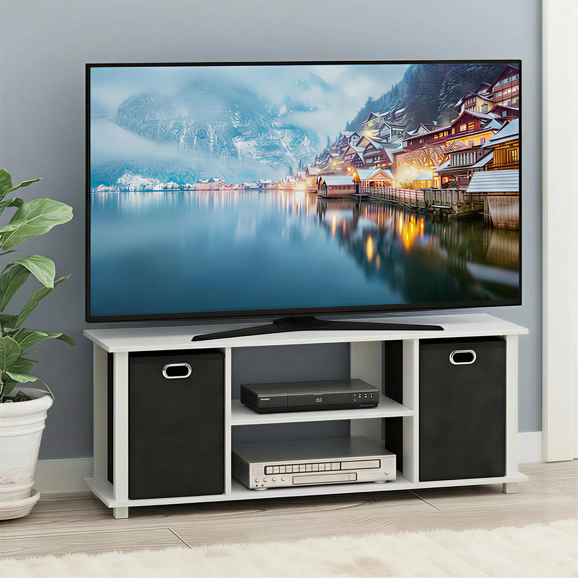 ECON TV Stand, Entertainment Center, TV Console for TV up to 45.5 Inch with Storage Bins, for Living Room, Bedroom, White, Space-Saving TV Stand and Media Console for Living Room, Bedroom or Apartment