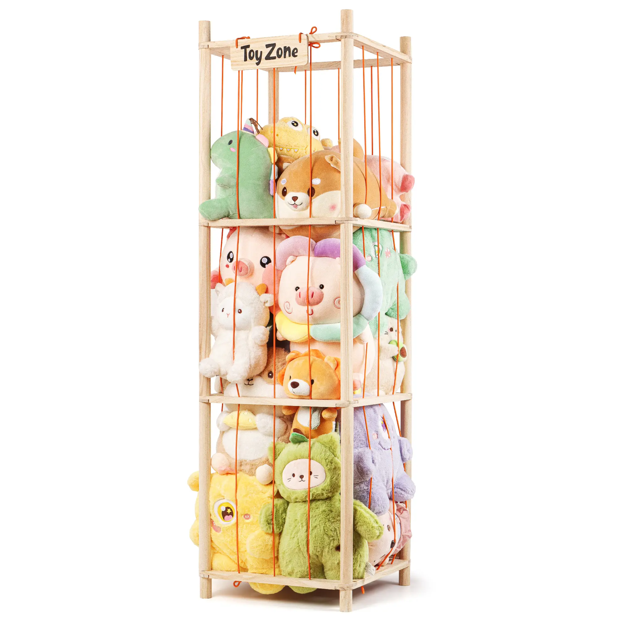 Handcrafted Pine Wooden Zoo-Themed Toy Storage Rack, 15.7 x 15.7 x 52.4 inches Vertical Hammock Organizer with Elastic Cords, Sturdy Frame, Large-Capacity Plush Holder for Toddlers' Bedroom Home Organization (Mini Zoo Display Included)