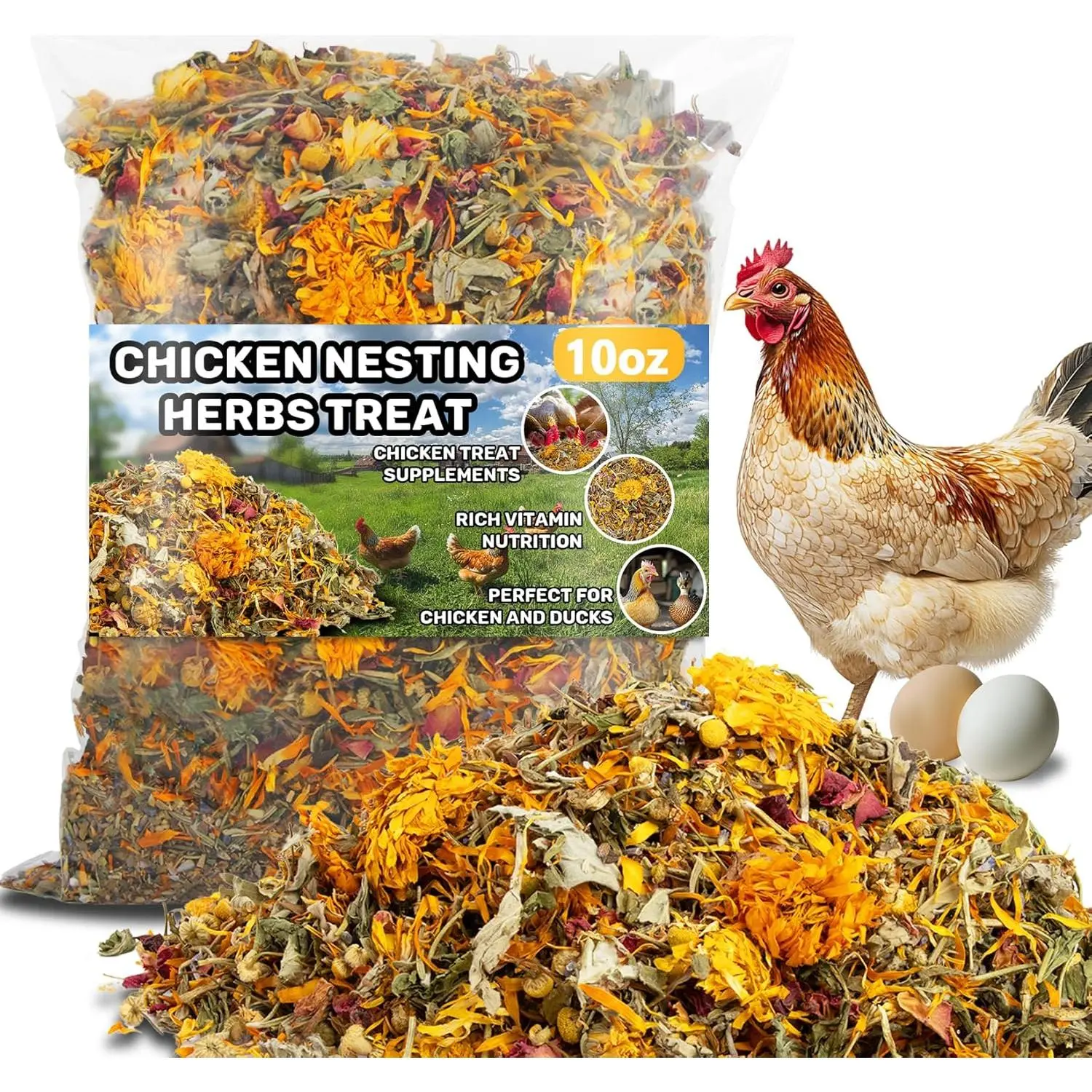 10oz Natural Dried Herbs Chicken Feed - Pet/Farm Poultry Supplements, Safe for Coops, Rich in Vitamins, Boosts Egg Quality & Overall Health, Encourages Healthy Eating, Vacuum-Packed Bedding