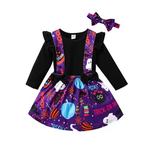 Imcute 3Pcs Toddler Halloween Outfits, Long Sleeves T-Shirt + Cartoon Ghost Suspenders Skirt + Headband for Girls, 6 Months to 4 Years