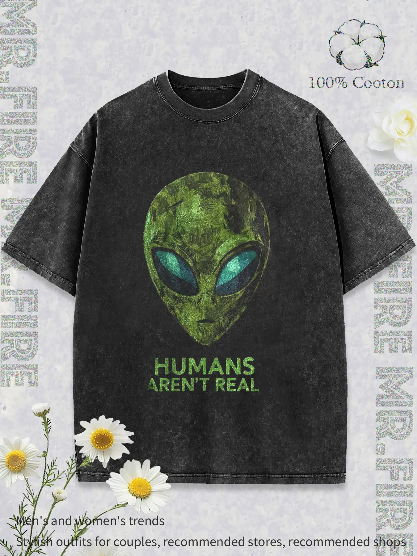 Men's Washed Classic Round Neck Graphic Shirt - Casual Fit Short-Sleeve Streetwear, Alien Head "Humans Aren't Real" Meme Slogan Punch, Cartoon, Internet Meme Nod, Alternative Style, Foldable, Raw Print, Valentine's Day Menswear Top