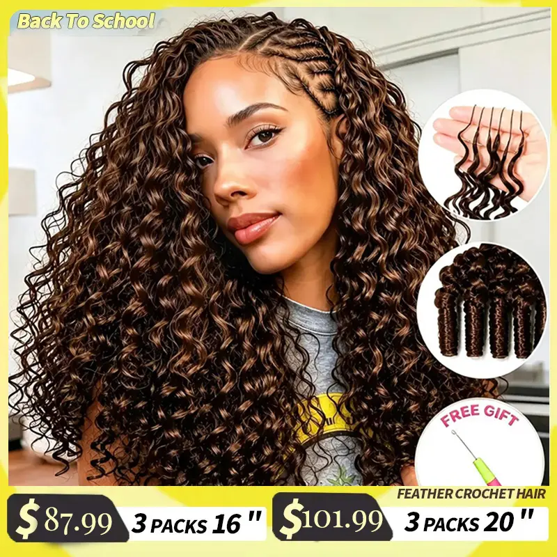 Brown Feather Crochet Human Hair Burmese Curly Crochet Human Hair Extensions Miracle Knots Pre Seperated 60G/Pack(40Strands-53Strands Per Pack)-240g(4 Packs) Soft Curly Hair Bundles Natural Black Color#Summervibes#DealsForYouDays