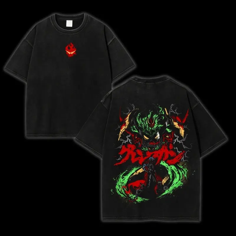 Tengen Toppa “Gurren Graffiti” Oversized Tee – Washed Cotton, Spiral Skull Crest Front & Kamina-Simon Street Rebellion Back Graphic, Urban Anime Streetwear for TTGL Fans & Graffiticore Collectors