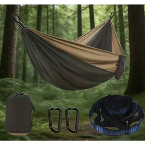 Outdoor camping hanging hammock, including hammock straps and black hooks, suitable for outdoor camping survival and travel