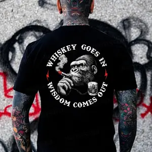 Monkeysober Pure Cotton Men's Suitable For All Seasons Whiskey Goes In Wisdom Comes Out Funny Liquor Monkey T-shirt
