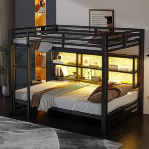 Bunk Bed Queen over Queen Bunk Bed with Bookcase Storage Cabinets and LED, Heavy-Duty Metal Bunk Bed Frame, Noise Free, Black