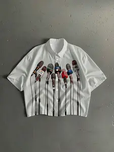 Men's Retro News Mic Graphic Cropped Shirt, White Striped Short Sleeve Button Up Top, for Causal Daily and Streetwear Wear