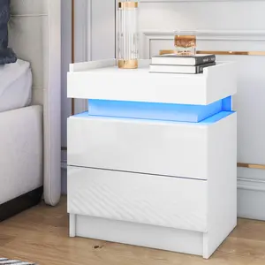 Hommpa High Gloss Tall 2 Drawer Nightstand LED Bedside Table Cabinet Bedroom Furniture White