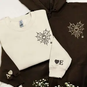 Halloween Embroidery Couple Personalized Sweatshirt, Spiderweb Heart Hoodie, Matching Sweater For Couple, Halloween Sweatshirt for Him Her