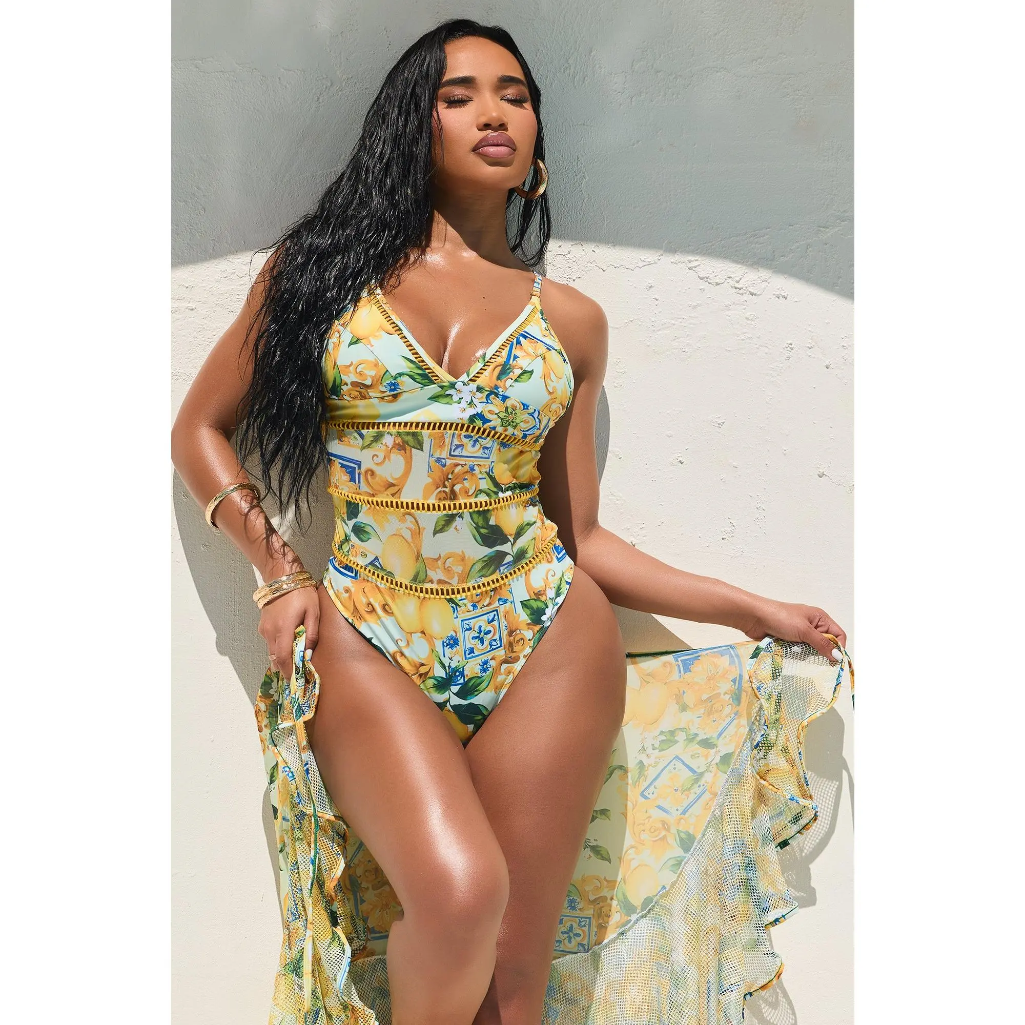 Nonna Lemon Mesh Cutout 1 Piece Swimsuit & Ruffle Fishnet Skirt Set - Yellow/combo