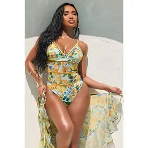 Nonna Lemon Mesh Cutout 1 Piece Swimsuit & Ruffle Fishnet Skirt Set - Yellow/combo
