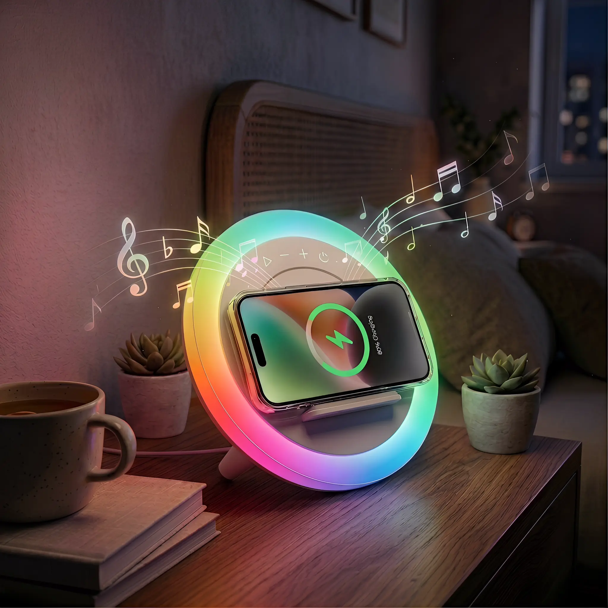 4-in-1 Portable Bluetooth Speaker - Wireless Induction Charging, Dynamic Light Show, Glare-Free Glow, 50kHz Surround Sound, Universal Audio Base-Stand, Desktop Mobile Holder, QC3.0 10W Adapter, Home Decor Unisex Father’s Day Gift for Smartphones & Devices