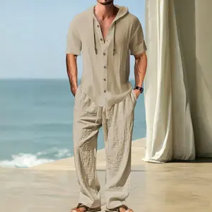 Men's 2-Piece Casual Clothes Set - Hooded Shortsleeve Plain Button-Up Shirt & Elastic Waist Wide-Leg Pants, Lightweight Breathable Linen-Blend Summer Loungewear for Beach Trips, Vacation Beige