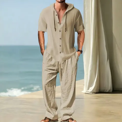 Men's 2-Piece Linen-Blend Lounge Set - Plain Chic Minimalist Beach-Ready Set, Casual Short-Sleeve Hooded Button-Up Shirt, Wide-Leg Drawstring Trouser, Summer Nightwear Basics, Menswear Clothing