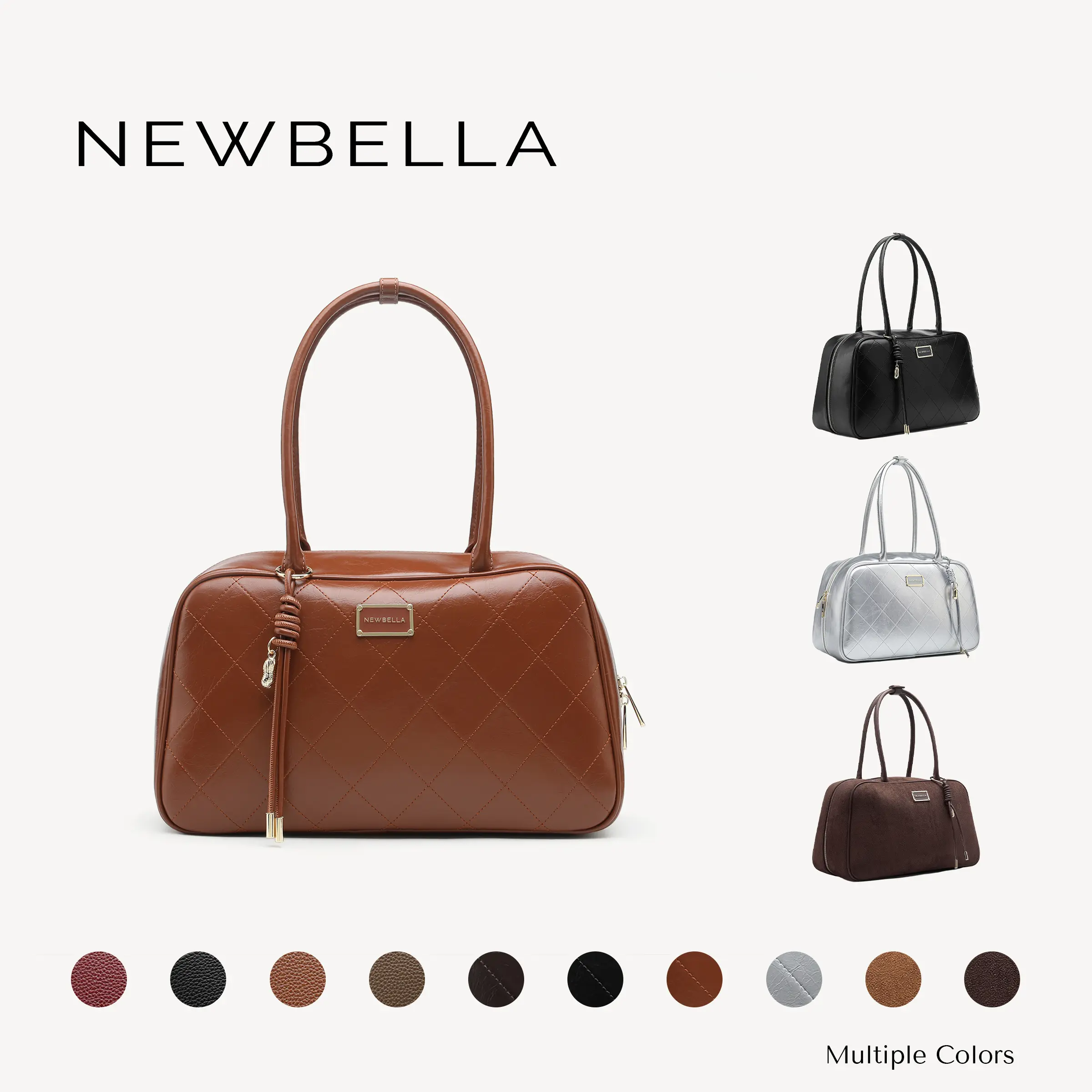 NEWBELLA Gia Medium Quilted Bowling Bag, Vintage Soft PU Leather Top Handle Satchel Purse, Retro Shoulder Handbag for Women Daily Work Travel