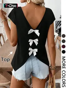 Women's V-Neck Cap Sleeve Bow Blouse, Womenswear Basic Elegant Plain Commuter Top, Versatile Inner Wear, All-Season Fashion