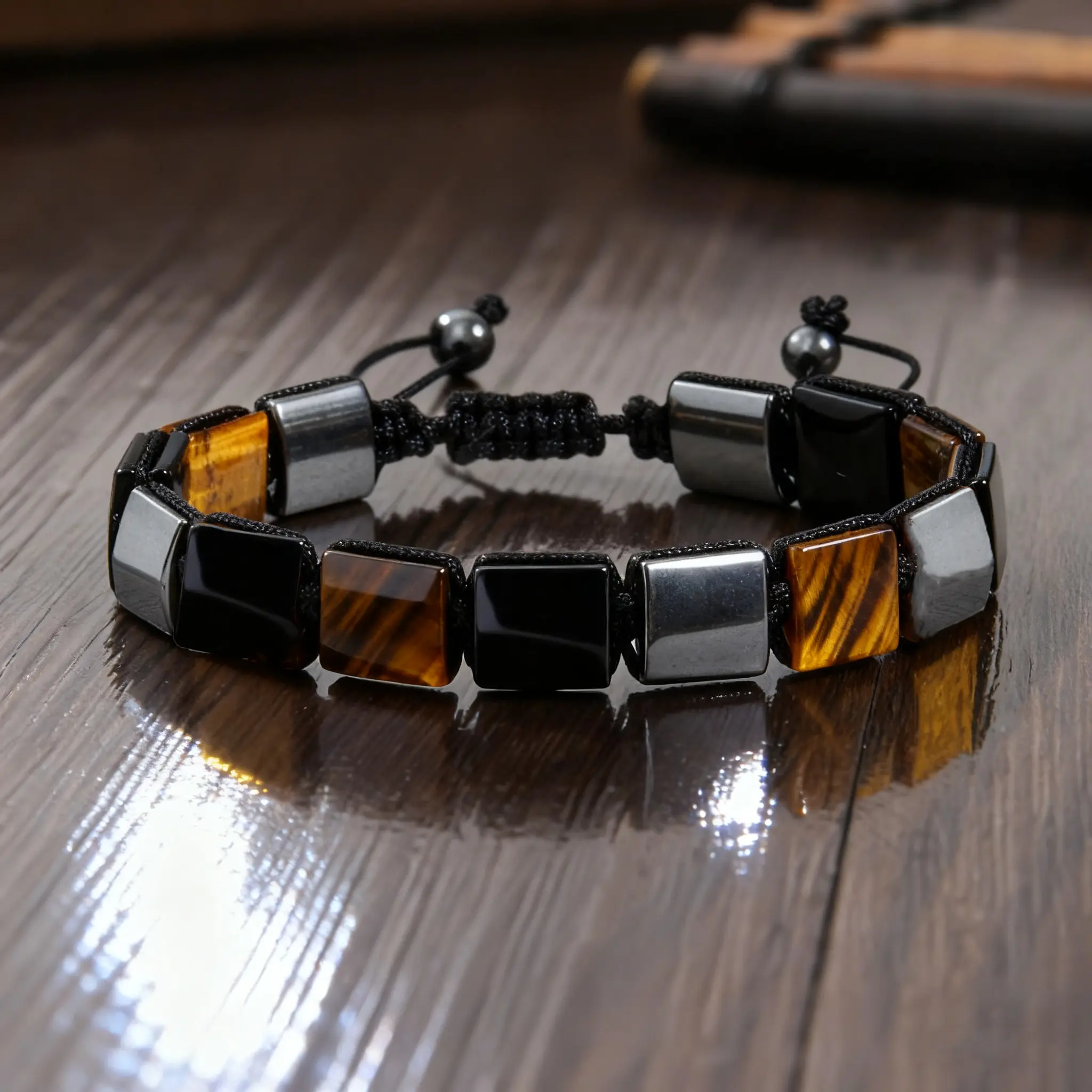 Triple-Protection Natural Crystal Bracelet with Tiger Eye, Black Obsidian & Hematite Cube Beads - Adjustable Healing Natural Crystal Bracelets & Anklets for Men Women Jewelry