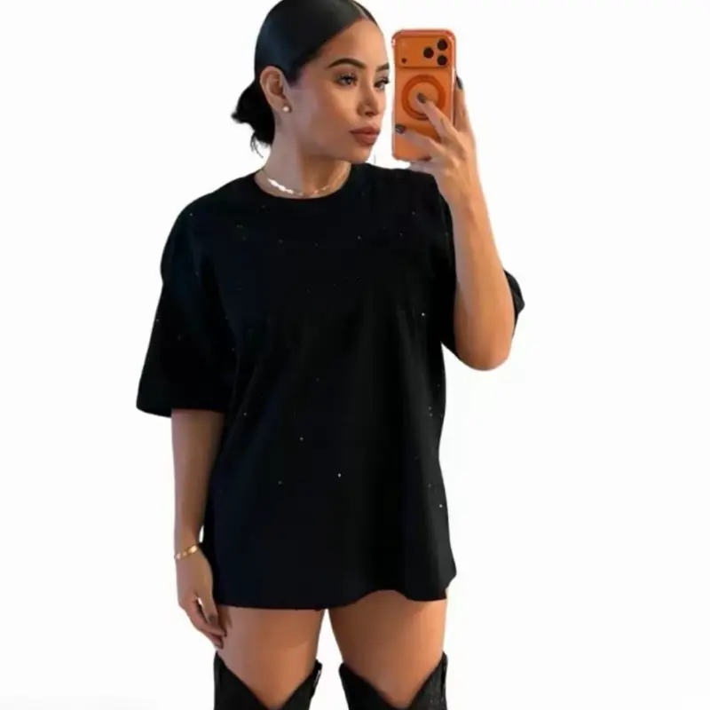 Kiki Fashion Oversized LONG Tshirt with Full Rhinestones Casual Round Neck