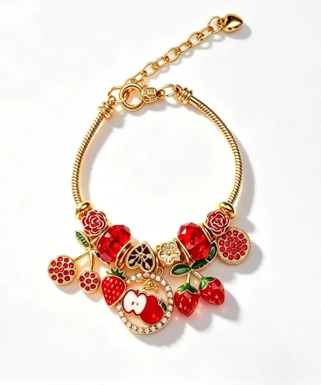 Gold Snake Chain Bracelet with Enamel Charms and Red Crystal for Women Jewelry