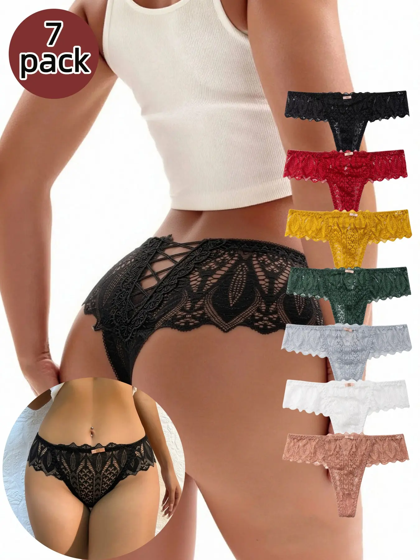 Women's Lace Trim Low Waist Thong Panties, Solid Color Sexy Elegant Fashion Low Rise Underwear, Lingerie, Soft Comfort, Soft Comfy Underwear, Soft Breathable Panty, 7 Colors, 7 Pcs Set, All Seasons