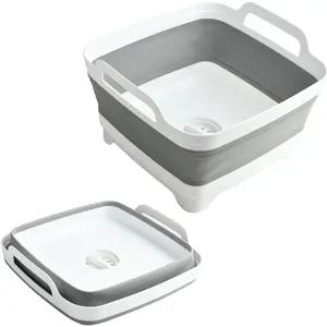 Collapsible Dish Basin 2.4Gal 9L Foldable Kitchen Sink Tub with Drain Plug Wash Basin for Dishes Fruits Bottles Space Saving for RVs Camping & Laundry Gray