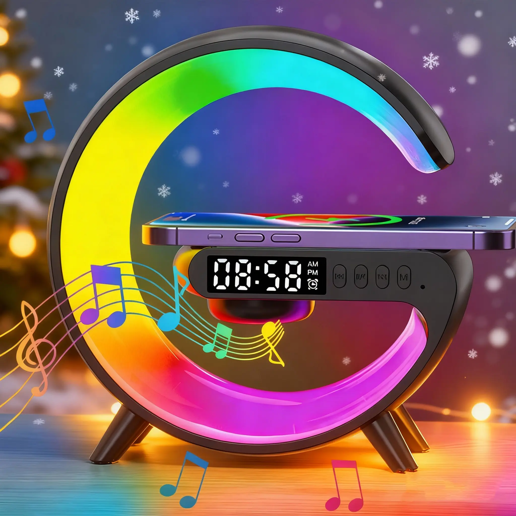 New 4 In1 Bluetooth-Compatible Multifunctional Portable LED Light Speaker Automatic Atmosphere Light Wireless Charging Music Lamp Desktop Bedside Decor Timer Alarm Nightlight Clock LED Speakers