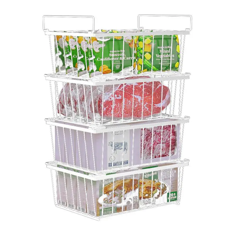 Saker Large-Capacity Stackable Storage Baskets (Set of 4 with Handles) - Heavy-Duty Rust-Resistant Freezer Organizer for Bulk Frozen Meat, Pre-Made Meals; Fits Home Deep Freezers, Garage Shelves Bin Household