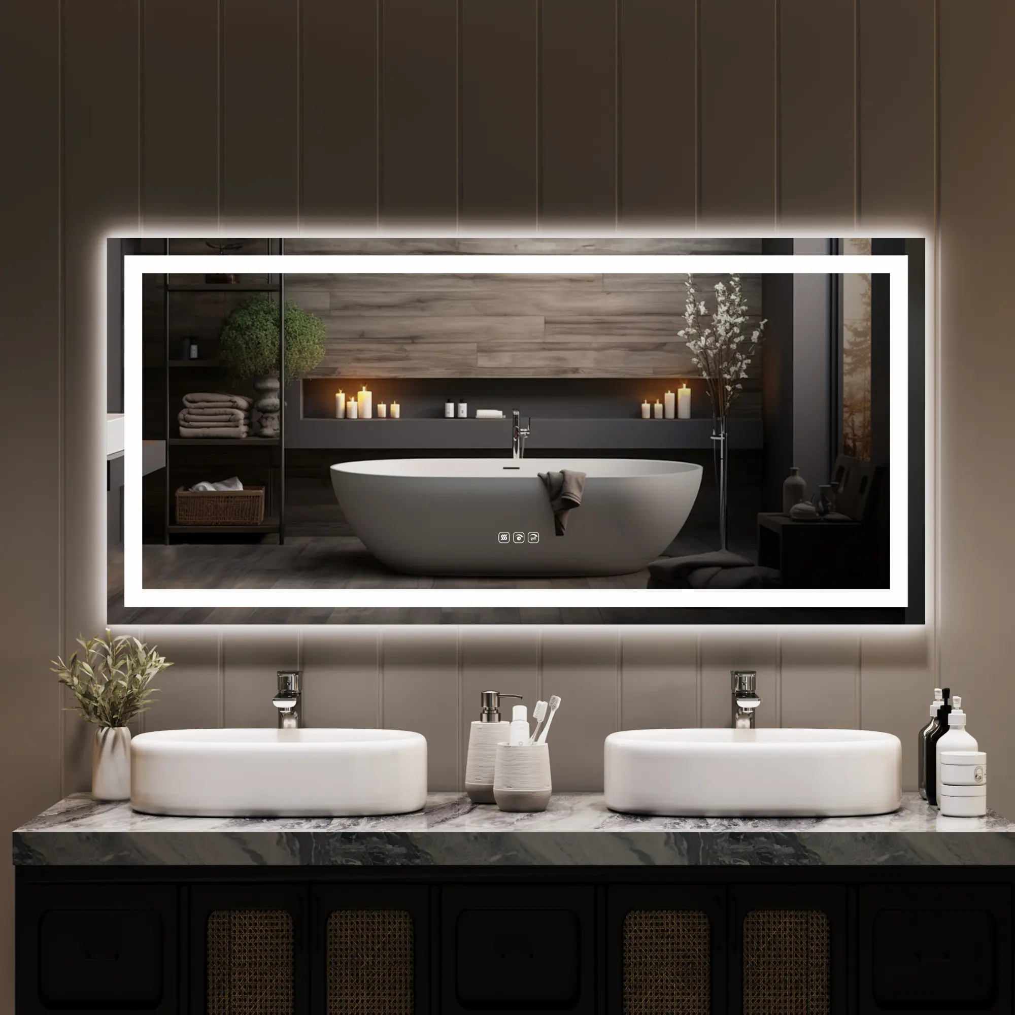 55x26in Touch Dimmable LED Bathroom Vanity Mirror, Front & Backlit, 3-Color Lighting, Memory Function, Anti-Fog, Shatter-Proof, Wall-Mounted, Horizontal/Vertical Installation, Touch Dimmable Mirror