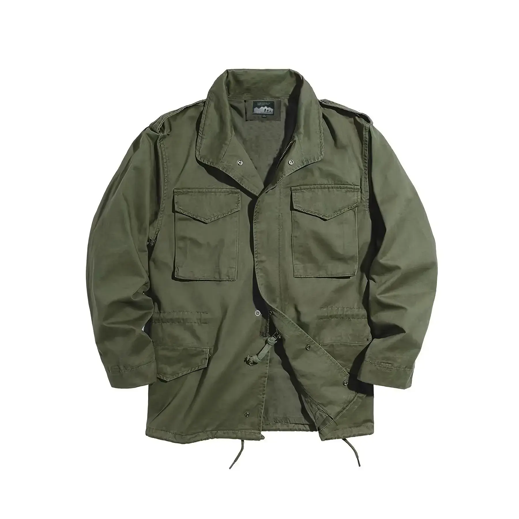 Men's pure cotton vintage collared zip-up jacket, M65 field work jacket, workwear jackets, multi-pocket design, drawstrings at the waist and hem, suitable for daily casual outdoor activities in spring, autumn, and winter.