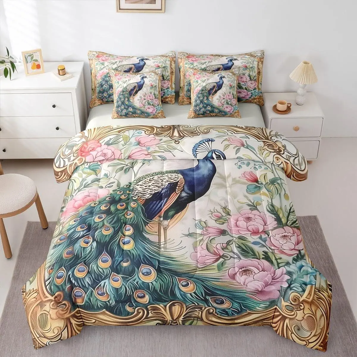 Floral Peacock Animal 7 Piece Comforter Set,Girls Peacock Flower Bed in A Bag Princess Blossom Wildlife Bedding Set,for Kids Boys Bohemian Vinatge Beige Sheet Set with Comforter