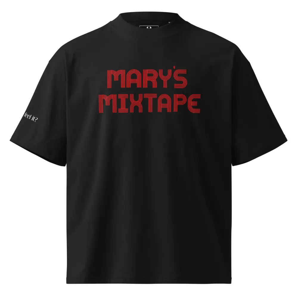 Men's GOTS Certified Oversized Organic Cotton Mock Neck Short Sleeve T-Shirt - Streetwear Menswear Top with Mary's Mixtape Graphic, Dropped Shoulders, Casual Fit