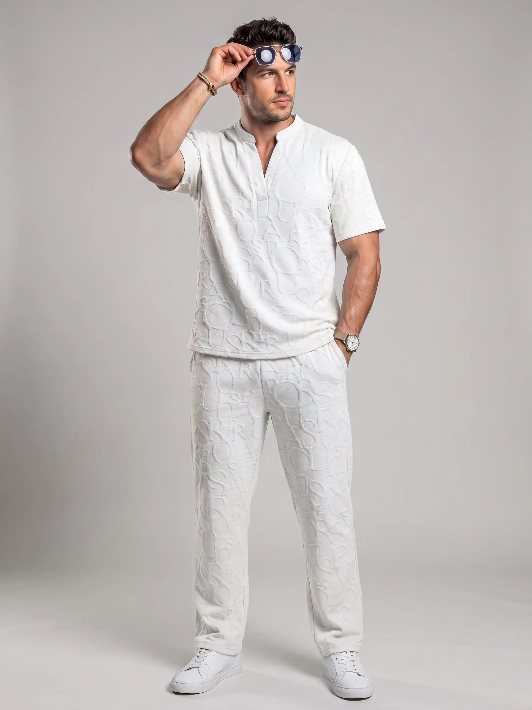 KZZ Men's 2-Piece Casual Menswear Outfits - Textured Short-Sleeve Notched Neck Letter-Embossed Tee, Regular-Fit Elastic Drawstring Ankle Pants Fashion Apparel, 2 Piece Sets, Male Clothing, Two Piece Set, Mens Clothing