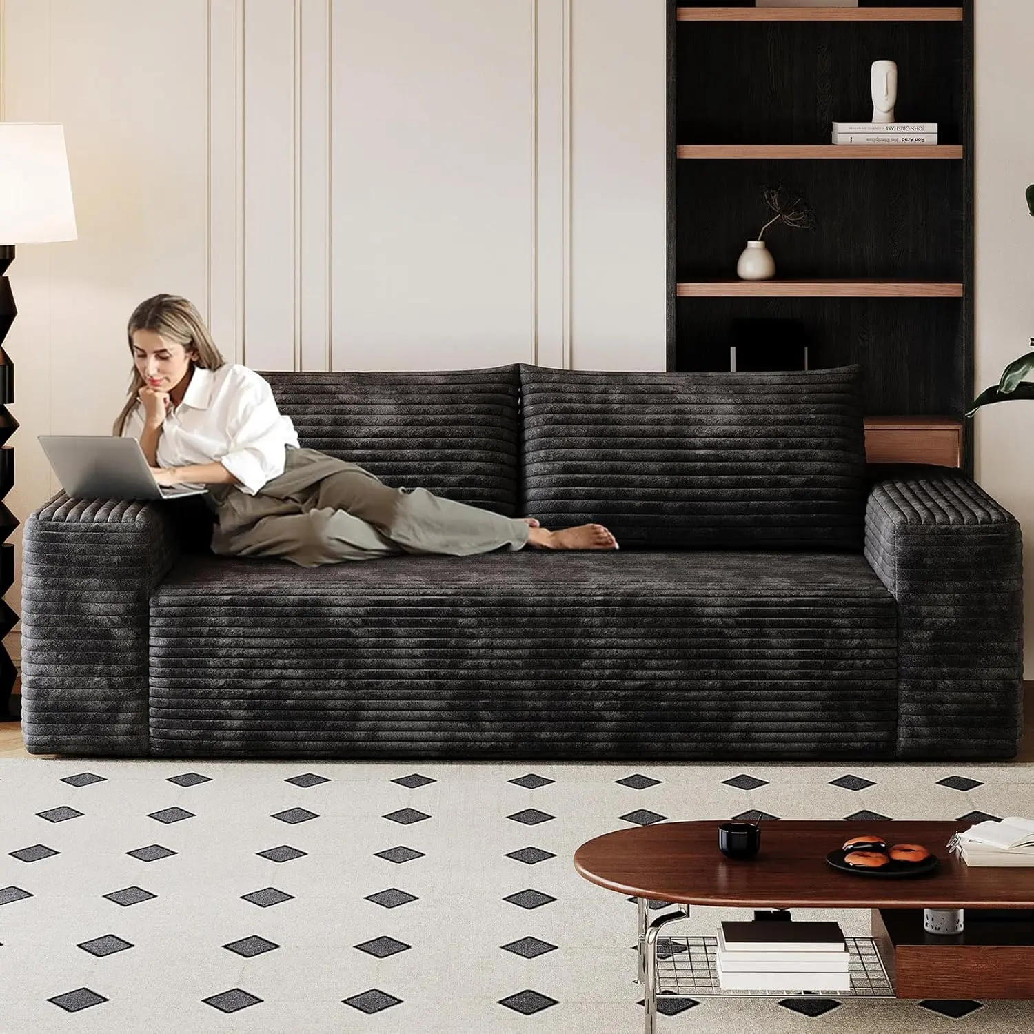 Comfy Corduroy 3-Seater Sofa - 71in Corduroy Upholstered Modern Upholstered Furniture, Deep Seat Couch with Pillow, 600 lbs Capacity, No Assembly Required, for Living Room, Bedroom (Black), Comfy Corduroy Sofa