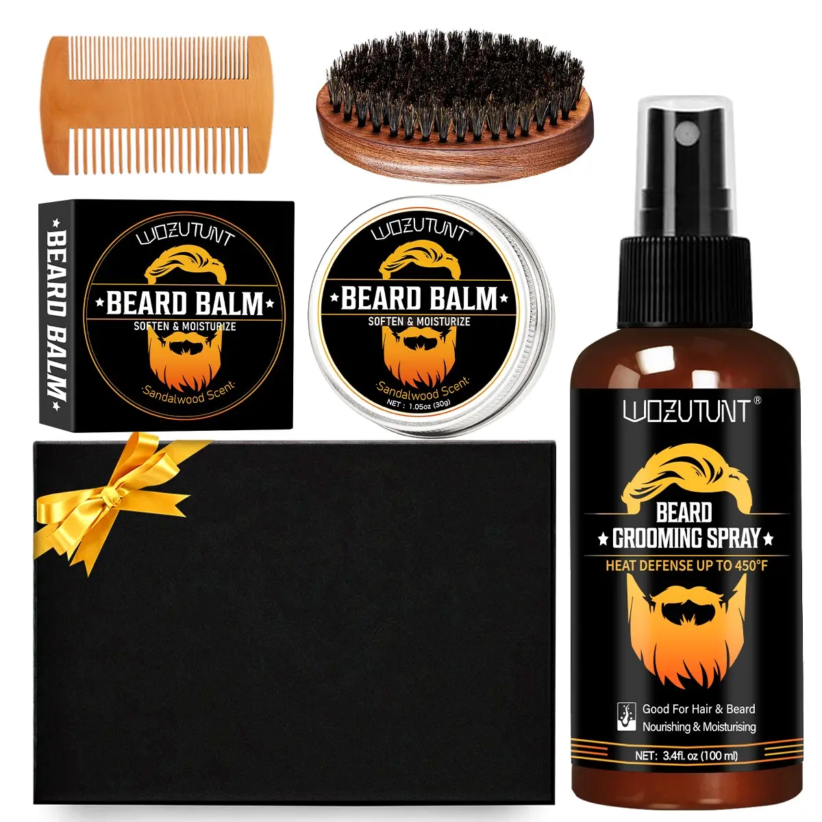 Men's Beard Aftercare DIY Gift Set, Sandalwood Beard Balm, Beard Care Spray, Wooden Comb & Beard Brush, Soften, Hydrate & Moisturize After Shave, Nourish & Massage Beard Roots, Ideal for Christmas & Birthday Gifts for Men