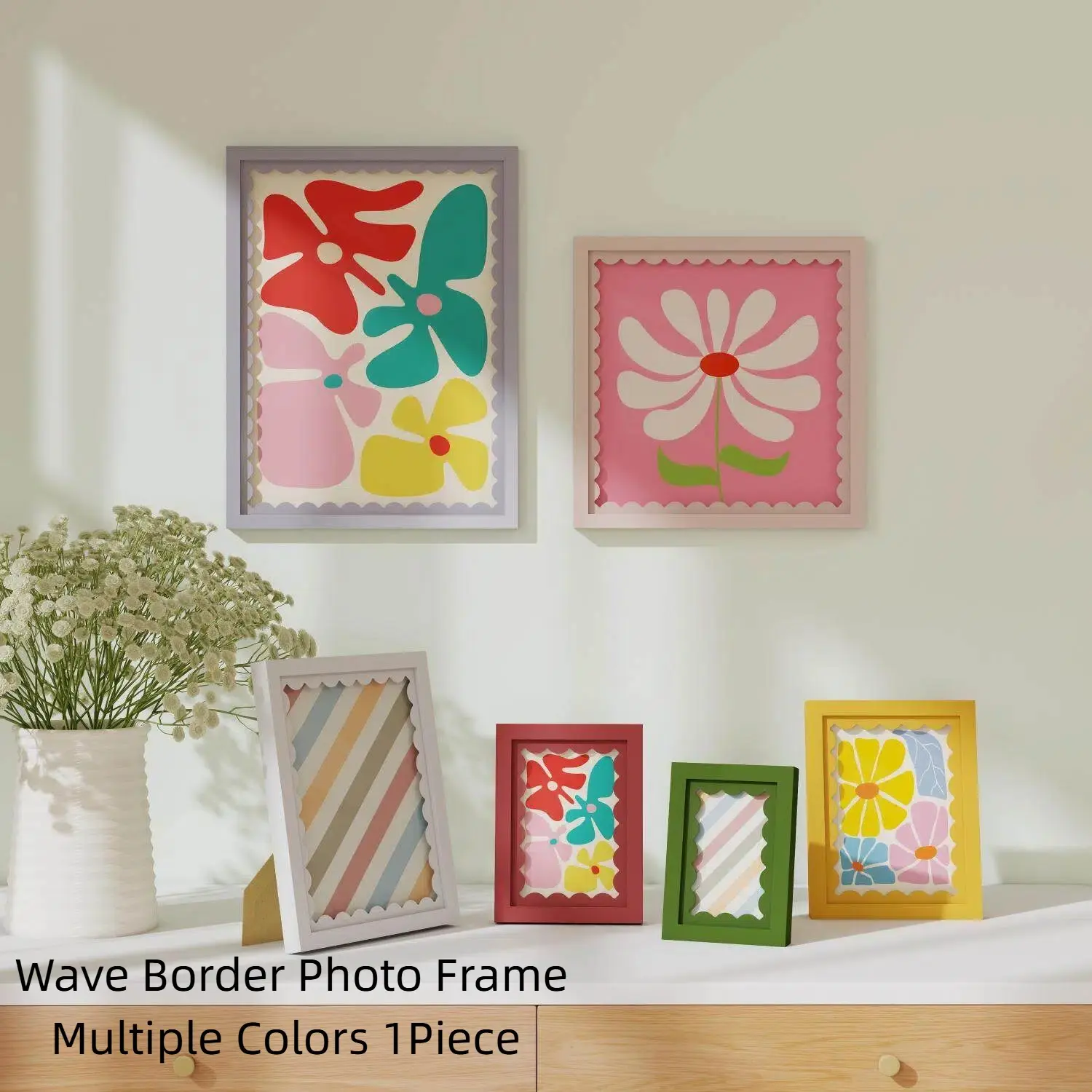 Multi-Size Wave Border Photo Frame (multiple Colors), Photo Frames for Wall, Desktop and Wall Mountable, Fits 4x6/5x7/8x10/12x12 Photos, DIY Decorative Wooden Frame Picture Frame, Home Decor Accessory Wood Frames
