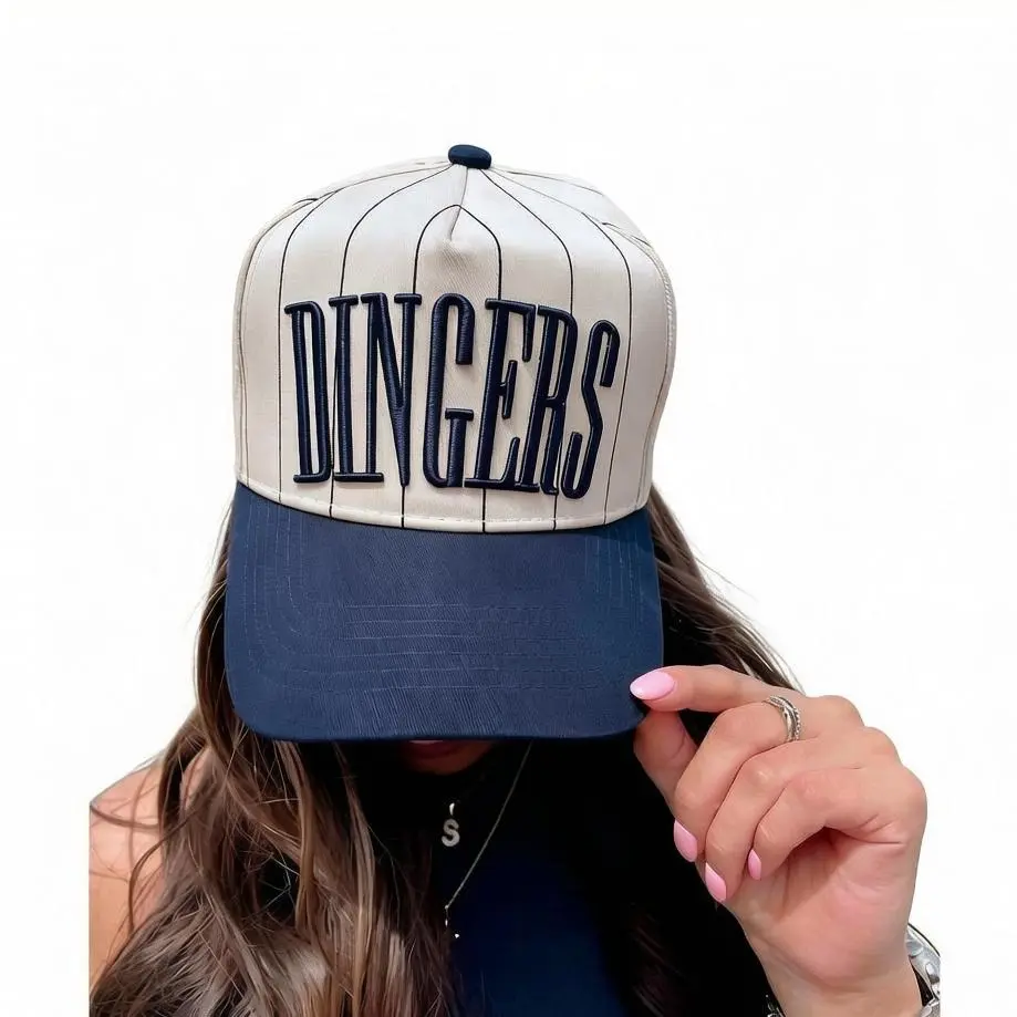 Dingers Navy Striped Vintage Trucker Hat | Flatbill Snapback Cap for Baseball Season | Adjustable Unisex Hat game day hat Baseball Mom Game Day Hat Durable Construction Classic Navy And Cream Pinstripes Bestie & Bridesmaids