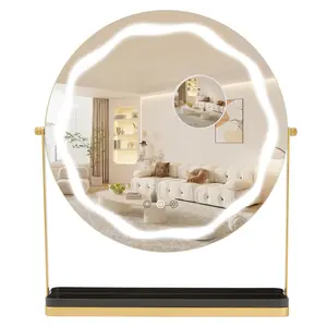 Gaomon Round LED Lighted Mirror - 3 Color Adjustable, 360° Rotatable, Smart Touch Controls, Smooth Surface, Magnetic Removable Storage Case, Easy Assembly, Gold, Ideal for Desk/ Bedroom Decor, Perfect Gift