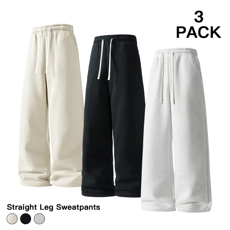Fall Wardrobe Staple 3 Pack Baggy Straight Sweatpants, Pocketed Relaxed Trousers for Outdoor Hangs & Cool Weather Fits