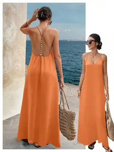 Fashion Casual Solid V-Neck Backless Sexy Sleeveless Halter Dress, Stylish Summer, Perfect for Parties and Events