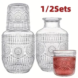 Elegant Glass Bedside Water Bottle and Clear Glass Cup Set, Stylish Drinkware, Leaf Pattern Water Jug with Lid, Durable Transparent Glass for Bedroom Office Bathroom