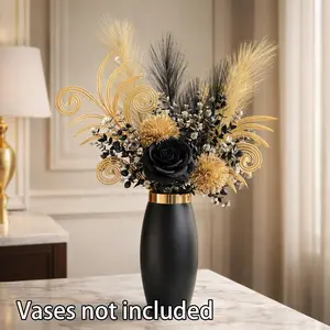Luxurious Gold Artificial Flower Arrangement, Decorative Flowers, Roses and Gold Velvet Balls, Elegant Home Decor for Living Room, Bedroom, Office
